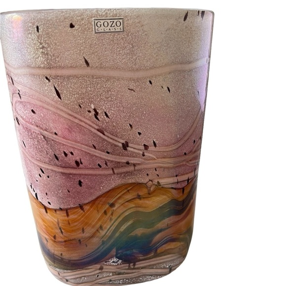Gozo Swirled art glass Flattened Cylinder Vase sand pink tan white made in Malta - Picture 1 of 4